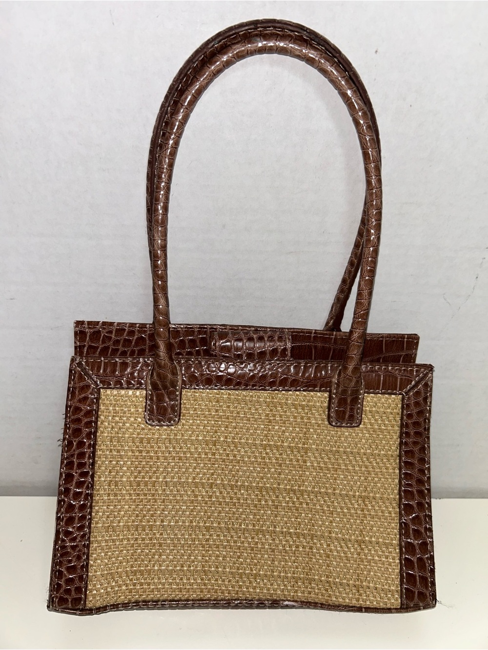 Liz Claiborne Y2K Ivory Brown Faux Leather Straw Satchel Handbag Set of 2 - Picture 12 of 13